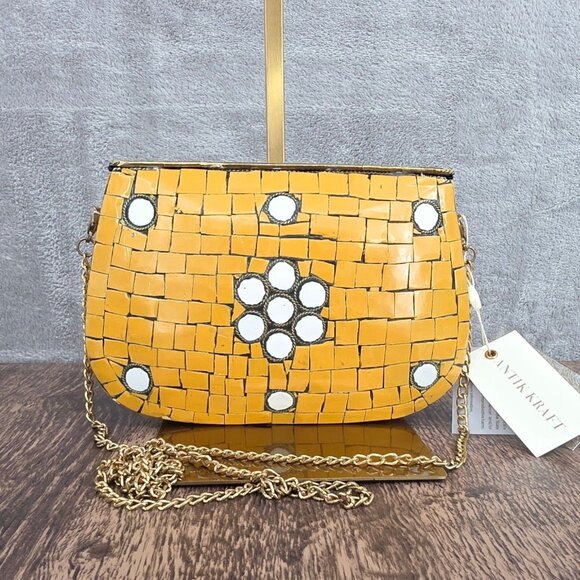 Antik Craft Metal Clutch Crossbody Honey Metallic Gold Mosaic Tile Art Chain New - Picture 5 of 15